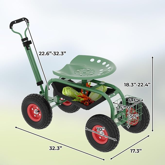 Garvee Garden Cart Rolling Workseat with Wheels, Gardening Stool for Planting, 360 Degree Swivel Seat with Steering Handle & Utility Tool Tray, Use for Patio, Yard, and Outdoors, Green