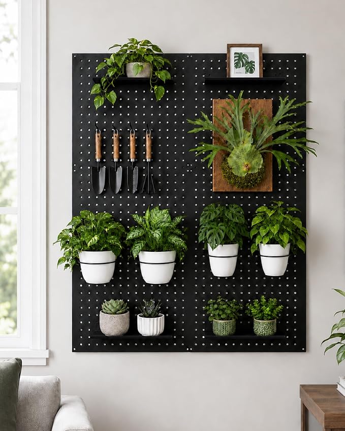 Bamworld Wall Mounted Plant Stand Indoor Outdoor Metal Pegboard Plant Wall Shelf Floating Plant Shelves for Wall Hanging Plant Holder for Office Living Room Decor 11.8x15.7in 6 Pcs Black