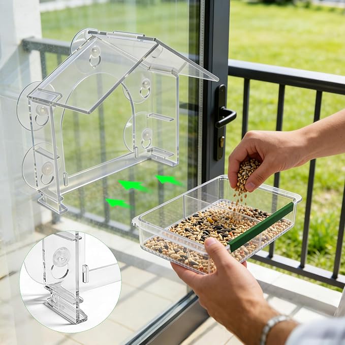 Window Bird Feeders with 5 Strong Suction Cups, Clear Bird Feeder for Window Acrylic, Suction Cup Bird Feeder, Garden Yard Gifts for Women Mom Bird Lovers, Elderly Kids
