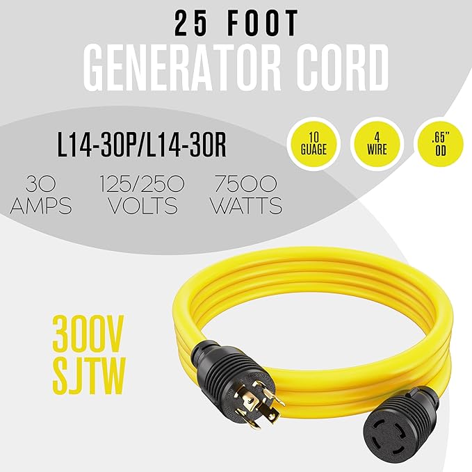 Houseables 30 Amp Generator Cord, Generator Cord, NEMA L14-30P to L14-30R, 30 Amp Extension Cable, 125/250V for 240V Use, 240 Volt, 30amp Power Wire, 4 Prong Plug, Dryer, UL CUL, 10 Gauge, 7500W, 25FT