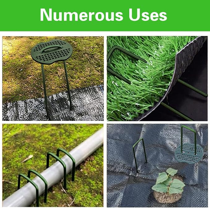 Bakulyor 200pcs Green Artificial Turf Stakes Staples + 200pcs Buffer Washer, 6 Inch 11 Gauge Landscape Staples, Galvanized Lawn Spikes, Heavy Duty Yard Ground Pin for Grass Weed Barrier Sod Fabric
