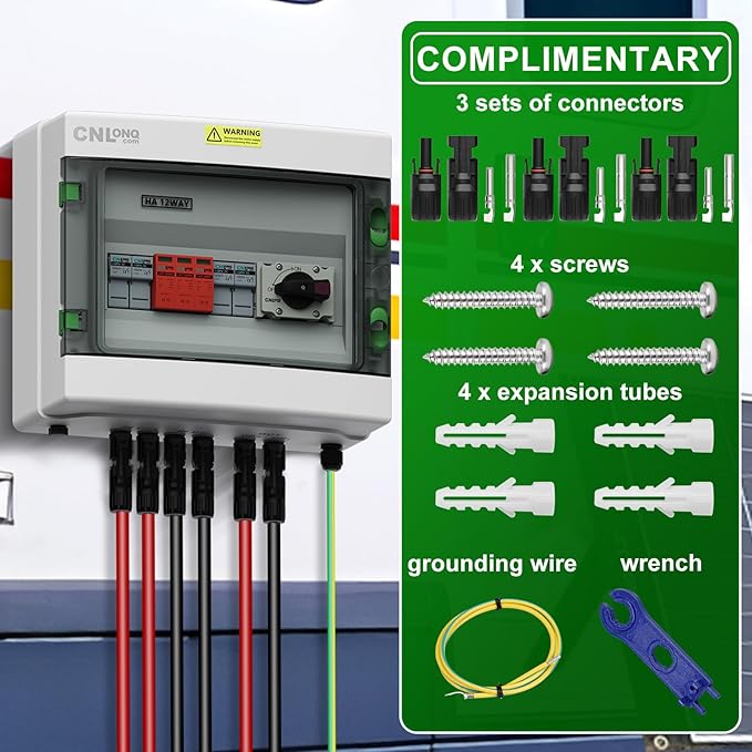 2 String Solar PV Combiner Box 2 in 1 Out IP65 DC1000V 32A Disconnect Switch with Surge Protector and 15A PV Fuse, Circuit Breaker Outdoor IP65 Waterproof for Solar Panels System