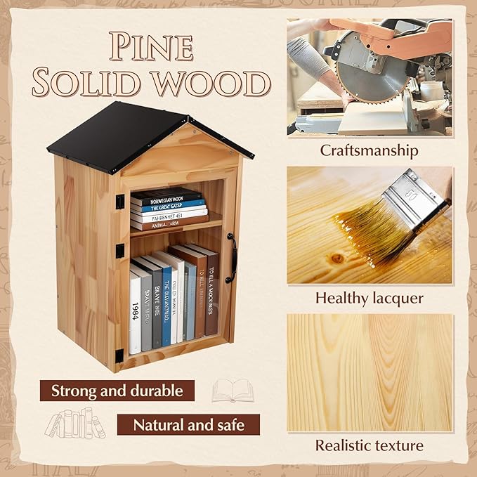 FAHKNS Little Library Box Outdoor, 2-Tier Little Library for Neighborhoods Community School, Weatherproof Wood with Adjustable Shelf & Rust-Proof Hinges, Sharing Books, Newspapers and Literature