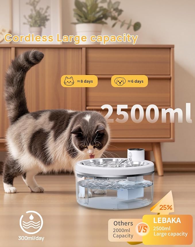 Wireless Cat Water Fountain [with Stainless Steel Tray], 84oz/2.5L Pet Fountain for Cats Inside, Cat Fountain for Drinking with Motion Sensor, Ultra Quiet for Small Animals-[BPA-Free]