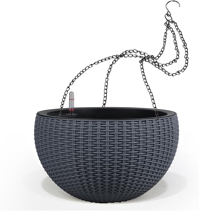 Dexceder 13.5 Inch Self Watering Hanging Planter (Gray) | Thickened Large Hanging Basket Flower Plant Pot with Water Level Indicator Indoor Outdoor