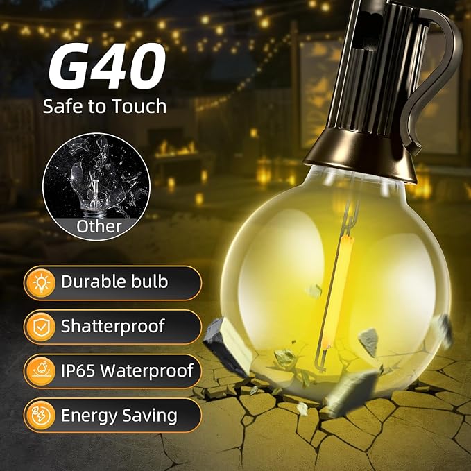 Solar Lights Outdoor Waterproof: G40 15M 50FT Shatterproof Bulbs Patio Lights - Solar Powered 3 Light Modes Solar Light - Camping Backyard Garden Deck Outside Yard