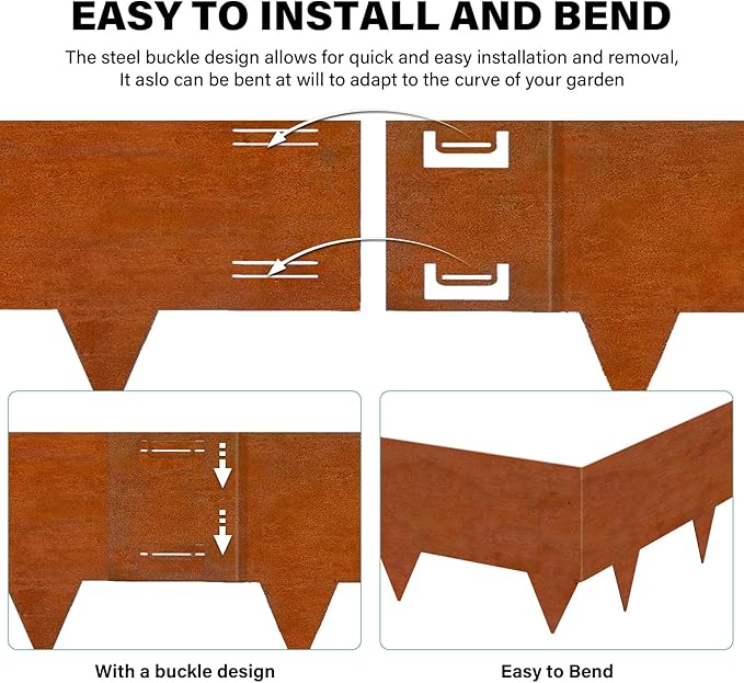 Cor-Ten Steel Landscape Lawn Edging, 40" L x 5" H,6 Pack Steel Edging for Landscaping,Metal Landscape Edging, Metal Edging for Landscaping(180 Degree Bend, Rusted)