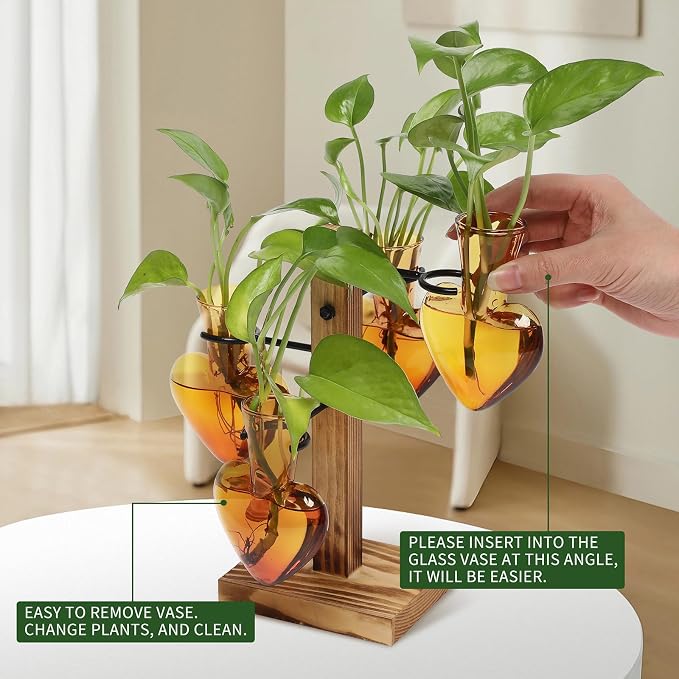 Plant Terrarium Propagation Stations with Wooden Stand | Glass Vase for Indoor Hydroponics Home Garden Office Decoration Gift for Women - 4 Love Bulb Vase