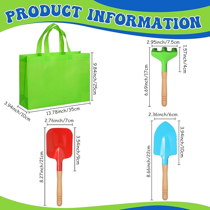Liliful 60 Pcs Kids Gardening Tools Set Garden Rake Garden Shovel Gardener Trowel Green Tote Bags Metal Mini Gardening Tools with Wooden Handle Beach Sandbox Toy for Planting Loosening Digging