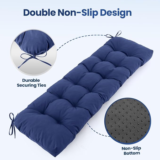 IASEAHK Outdoor Bench Cushion 48x18x5 Inch, Waterproof & Fade-Resistant Patio Furniture Cushions, Tufted Memory Foam Indoor/Outdoor Cushions for Couch Swing with Non-Slip Backing & Straps, Navy Blue