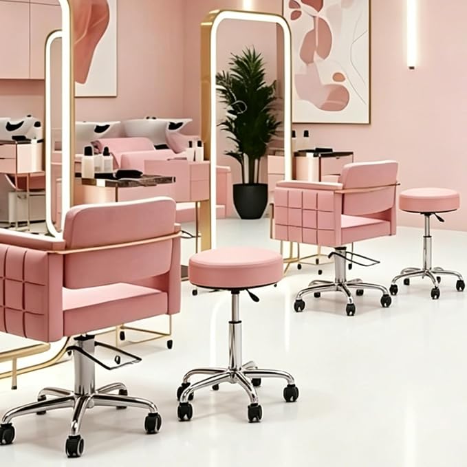 Adjustable Rolling Stool with Wheels Heavy Duty Round RollingStool with Footrest, Patent Leather Drafting Stool Chair with Wheels Work Spa Salon Seat, Pink
