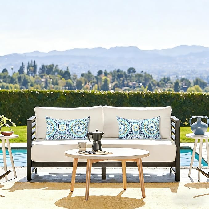 LVTXIII Outdoor/Indoor Lumbar Pillows, Decorative Patio Lumbar Cushions, Fluffy Water Repellent Garden Cushions for Home Patio Coach Sofa Use, 12×20 Inch, Pack of 2, Delancey Lagoon