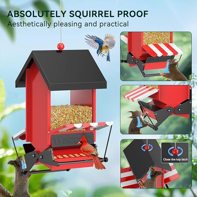 Squirrel Proof Bird Feeders,ScinDa Bird Feeders for Outdoors Hanging with Bilateral Weight-Activated Perches for Attracting Finch, Cardinal,Bluebird(Red)