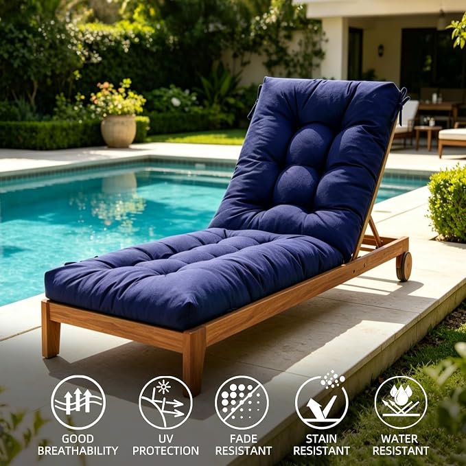 Patio Chaise Lounge Cushions, 68"x21"x4.5" Waterproof Replacement Beach Pool Lawn Outdoor Lounge Chair Cushion with Pocket, Non-Slip Bottom & Secure Ties for Outdoor Furniture, Dark Blue