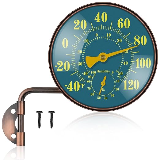 4 Inch Outdoor Thermometer Hygrometer, Brass Retro Patio Thermometer, Waterproof Temperature Gauge with Easy-to-Read Dial, Convex Lens, Wall Mount for Home, Garden, Garage, Yard