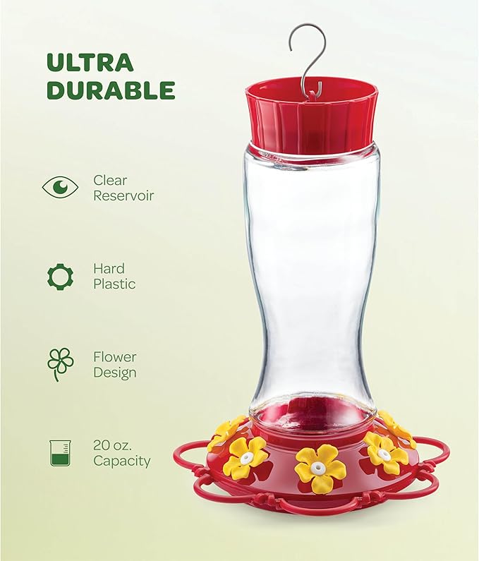 Hummingbird Feeder 20 oz. Glass Hummingbird Feeders for Outdoors, with Built-in Ant Guard - Circular Perch with 5 Feeding Ports - Wide Mouth for Easy Filling/2 Part Base for Easy Cleaning