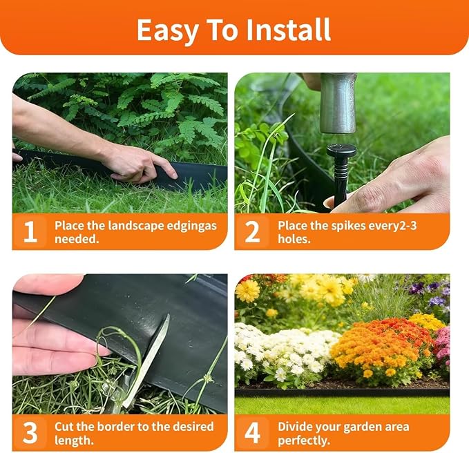 Green orange Landscape Edging Border,Garden Edging 120FT 2 Inch Tall Plastic Landscape Edging with 180 Stakes, Flexible Tool-Free Lawn Border for Yard, Flower Bed & Landscaping