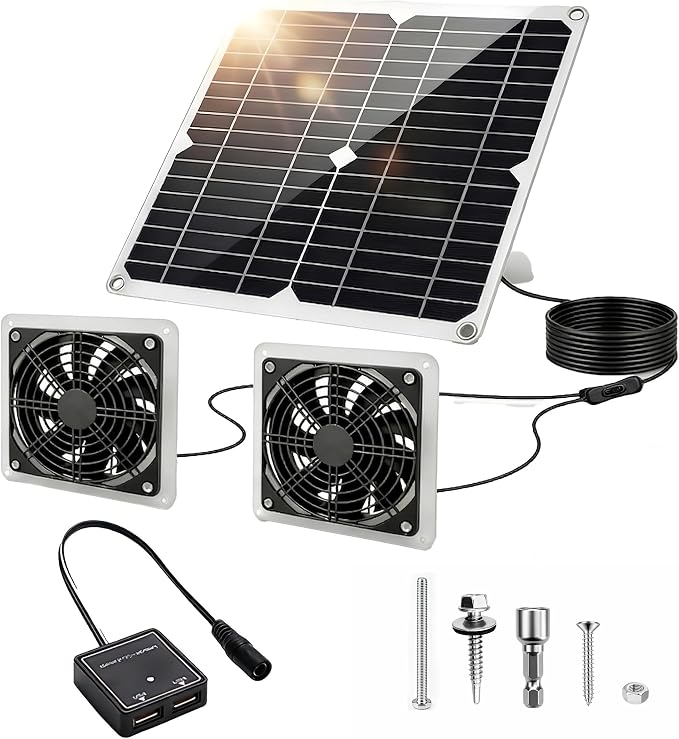 20W Monocrystalline Solar Powered Fan Kit, IP54 Waterproof Dual Exhaust Fan with Control Switch & USB Ports for Chicken Coop, Greenhouse, Shed, RV, Outdoor Ventilation