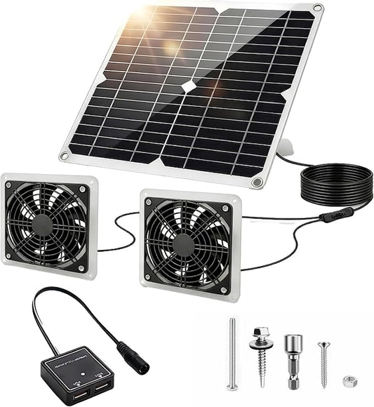 20W Monocrystalline Solar Powered Fan Kit, IP54 Waterproof Dual Exhaust Fan with Control Switch & USB Ports for Chicken Coop, Greenhouse, Shed, RV, Outdoor Ventilation