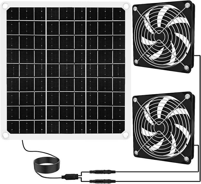 15W Solar Powered Fan for Chicken Coop, Solar Panel Fan Ventilation Exhaust Kits for Greenhouse Outside Shed Doghouses Pet House, Included 2 IP65 Waterproof Fans