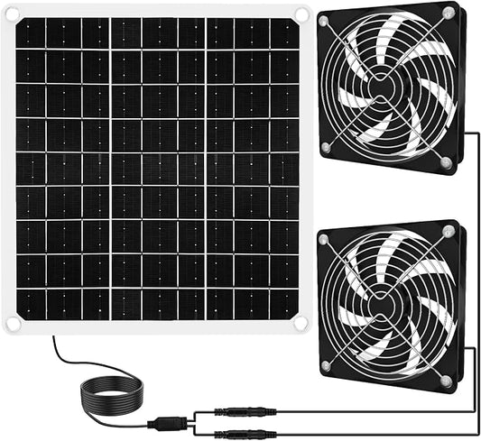15W Solar Powered Fan for Chicken Coop, Solar Panel Fan Ventilation Exhaust Kits for Greenhouse Outside Shed Doghouses Pet House, Included 2 IP65 Waterproof Fans