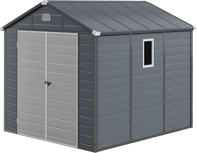DWVO 8x9FT Outdoor Storage Shed w/o Floor, All-Weather Plastic Shed with Window, Lockable Doors & Vents, Plastic Tool Shed for Backyard Patio Lawn, Gray