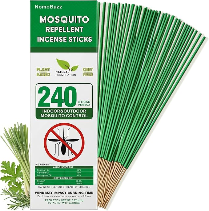 NomoBuzz Mosquito Repellent Incense Sticks - 240 Count, Plant-Based Bug Control with Citronella, Rosemary & Lemongrass, Ideal for Patio, Garden, Beach, Camping, Backyard