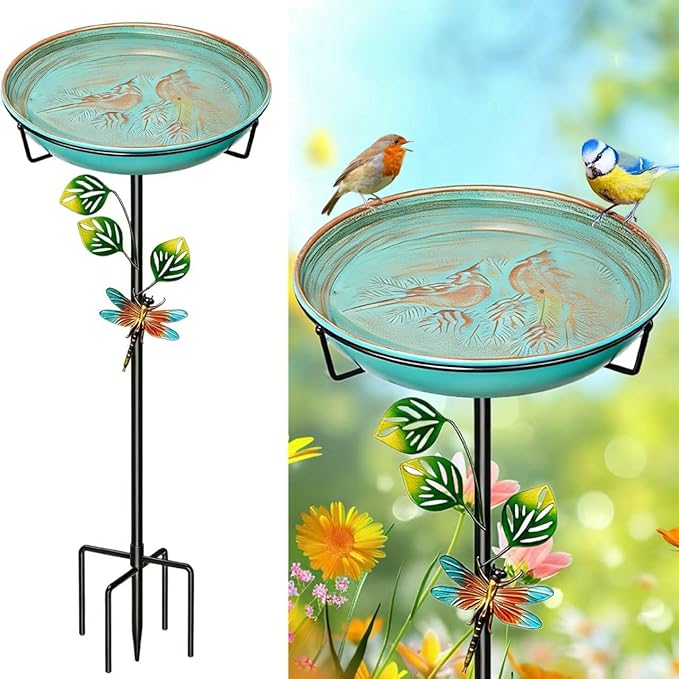 Metal Bird Bath for Outside, 35.4In Vintage Freestanding Garden Birdbaths & Birdfeeder with Upgraded 5 Prongs Base, Bird Baths Feeder Water Bowl for Outdoors Patio Yard Lawn Art Decor (Retro Green)