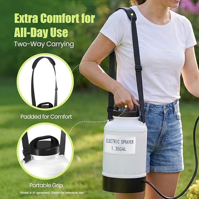 Battery Powered Electric Sprayer 1.35 Gallon Garden Pump Sprayer, Retractable Wand, 3 Mist Nozzles, USB Rechargeable Handle & Adjustable Shoulder Strap for Yard Lawn Planting
