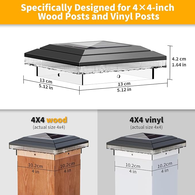 4x4 Solar Post Cap Lights Outdoor, 16 LED Fence Post Solar Lights with 3 Light Modes, Deck Post Lights Solar Powered Waterproof Fits 4x4 Posts Vinyl Wooden Posts for Deck Patio(Black, 2 Pack)