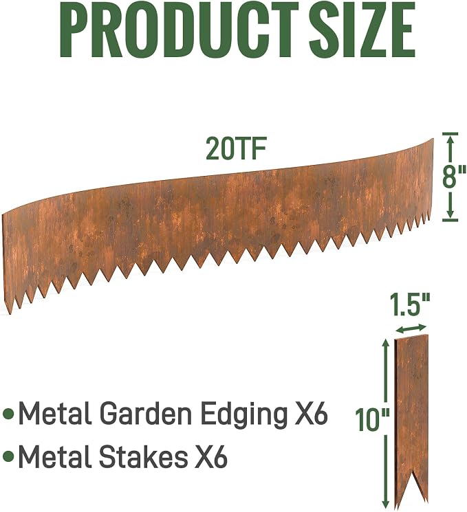 20ft Pre Rusted Cor Ten Steel Landscape Edging 8 in Low Profile Metal Garden Border No Dig Hammer in Lawn Edging Kit with 6 Panels 6 Clamps for Flower Bed Yard Pathway