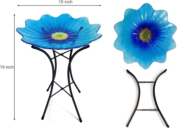 HONGLAND Bird Bath for Outside,15" Diameter Large Glass Birdbaths for Outdoors,Detachable Bird Baths Bowl with Metal Stand for Garden Patio Lawn Decor,19" Height - Blue