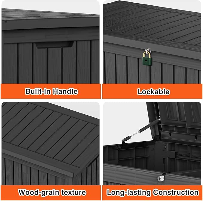 Outdoor Storage Box 185GAL Waterproof Resin Deck Box,Pool Accessories Supplies，UV-Resistant Lockable Package Delivery Bin for Garden Tools,Large Patio Outside Cushions,Chest,Furniture,Black