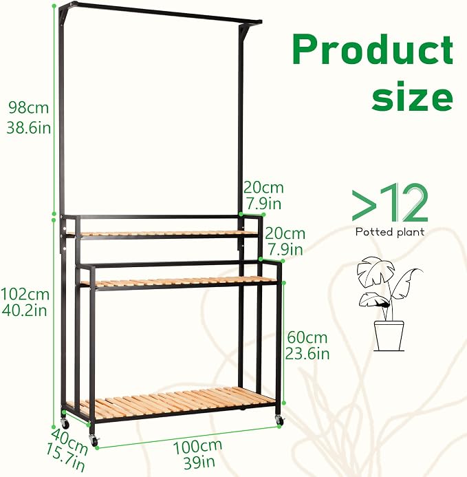 SEAdeerCH Multi-Functional Plant Stand ,Modern Rolling Plant Shelf Space-Conserve,Use Vintage Wood and Iron Frame, Robust Pine,Easy Assembly,for indoor/outdoor use in Living Spaces or Patio
