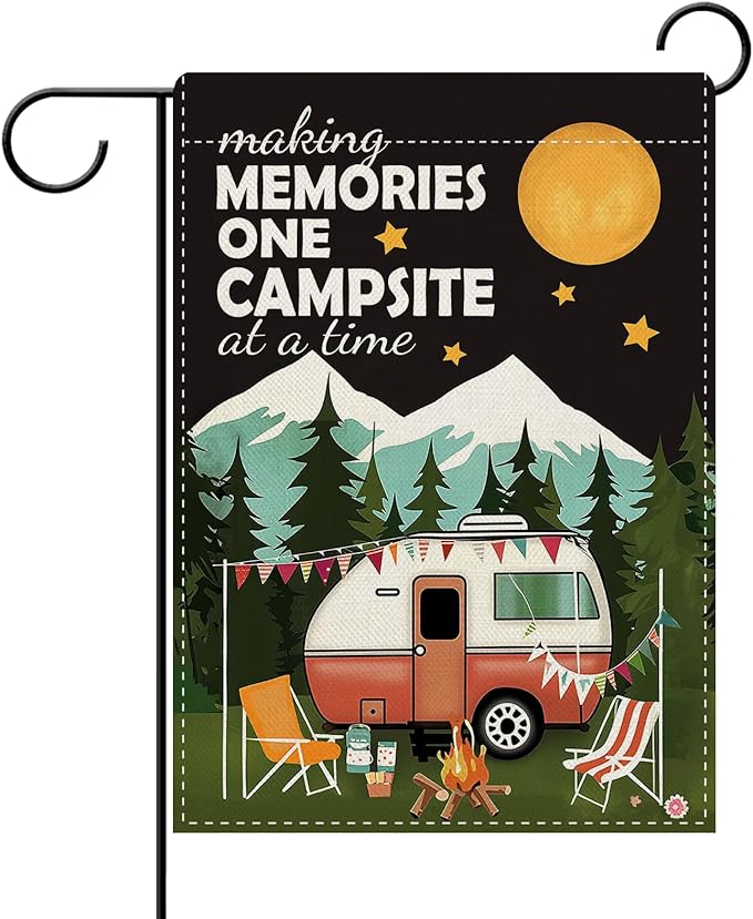 Dyrenson Camper RV Decorative Garden Flag, Making Memories One Campsite at a Time Camping Yard Outside Home Decoration, Campfire Firepit Burlap Outdoor Small Decor Double Sided 12 x 18