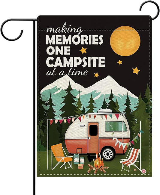 Dyrenson Camper RV Decorative Garden Flag, Making Memories One Campsite at a Time Camping Yard Outside Home Decoration, Campfire Firepit Burlap Outdoor Small Decor Double Sided 12 x 18
