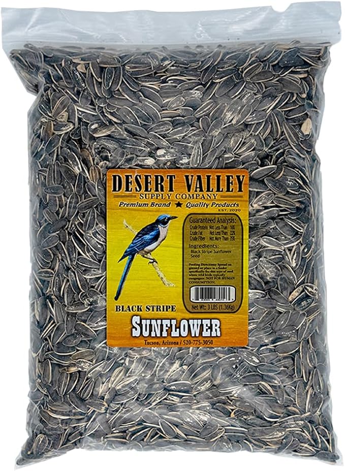 Desert Valley Striped Sunflower Seed, All Natural, Non-GMO Premium Wild Bird and Wildlife Food for Cardinals, Jays, Grosbeaks, Squirrels and More (3 Pounds)