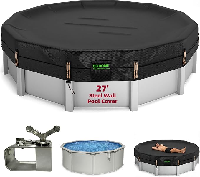 QH.HOME 550D 27 foot Pool Covers for Above Ground Pools[Upgraded Tear-Proof & Threefold Windproof] wth Pre-Installed Winch and Rope, Durable 4.5 Foot Overlap& Extra-Thick Designed for STEEL WALL Pools