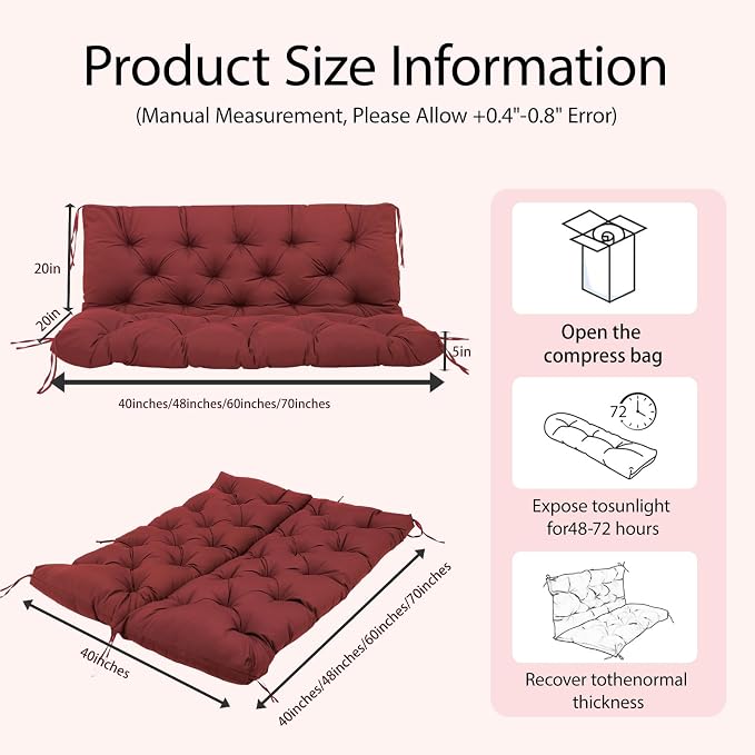 5" Thick Waterproof Porch Swing Cushion 70 x 40 in 3 Seater Replacement Outdoor Swing Cushions with Back Support Patio Swing Cushion for Outdoor Bench Furniture