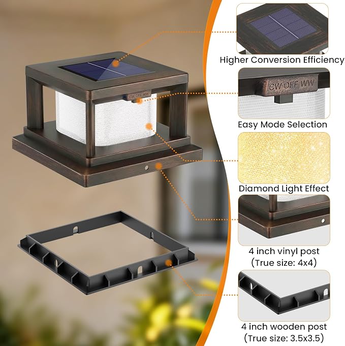 Mlambert 12 Pack Solar Post Lights Outdoor, 2 Modes LED Fence Cap Light for 4x4 Post, Waterproof Deck Light Patio Garden Decor, Warm/Cool White, Brown