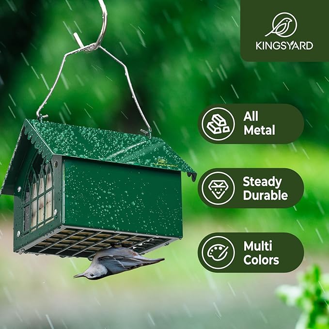 Kingsyard Double Upside Down Suet Feeder with Weatherproof Roof, All Metal Suet Feeders for Outdoors Hanging, Great for Downy Woodpecker Nuthatch Chickadee, Green