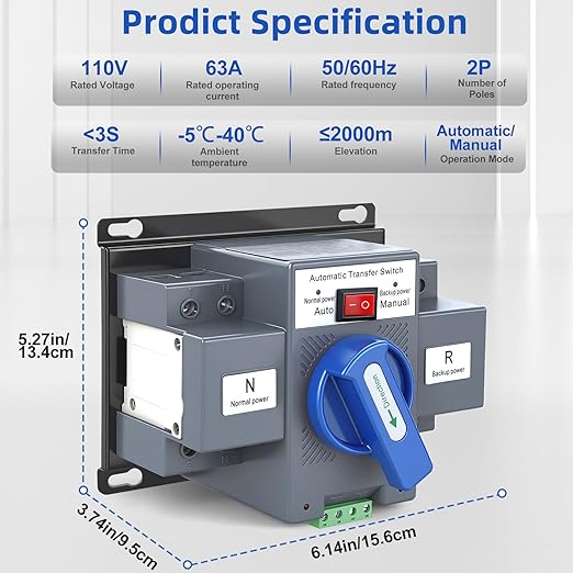 110V 63A 2P Automatic Transfer Switch (ATS), 50/60Hz Dual Power Generator Changeover Switch