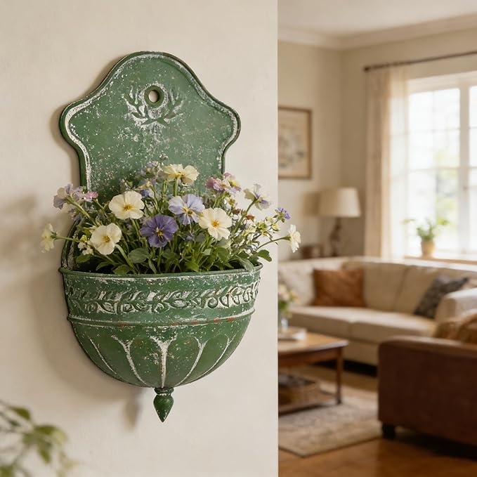 Vintage Distressed Green Metal Wall Planter, Rustic Hanging Pocket Planter with Scrollwork & Scalloped Design, Farmhouse Wall Decor for Indoor & Covered Outdoor Garden, Porch & Entryway