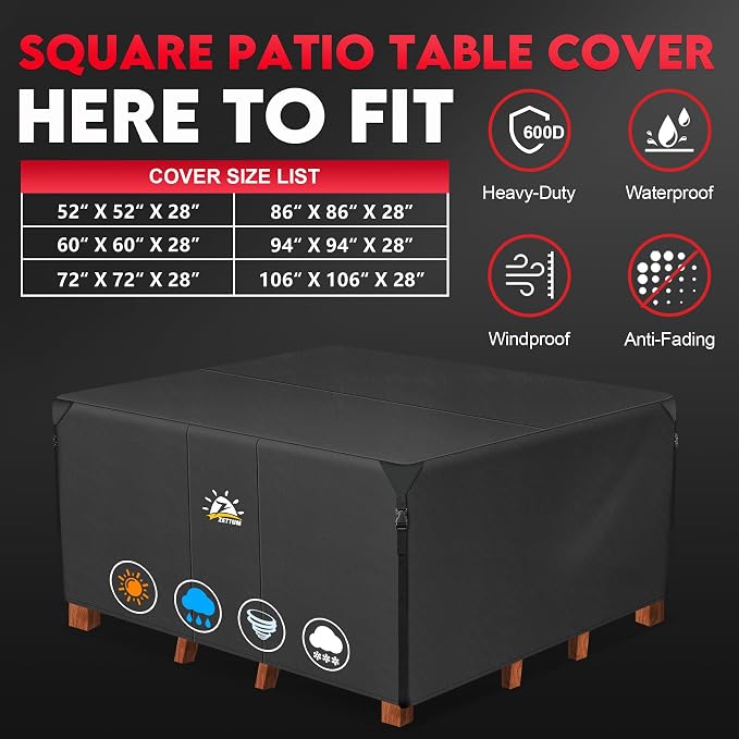 Zettum Patio Furniture Cover Square - 62 Inch Outdoor Table Cover Waterproof & Heavy Duty, 600D Lawn Furniture Set Covers for Outside Dining Table and Chairs Seating Combo - 62 x 62 x 28 Inch