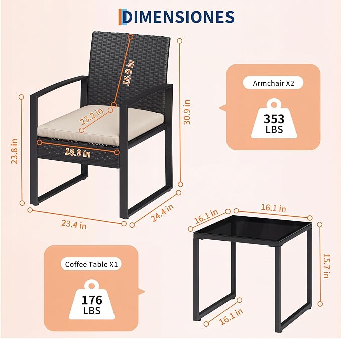 Garvee 3 Pieces Patio Bistro Set, PE Rattan Patio Conversation Set with Tempered Glass Coffee Table, Outdoor Wicker Furniture for Patio Garden Balcony Backyard, Black and Beige