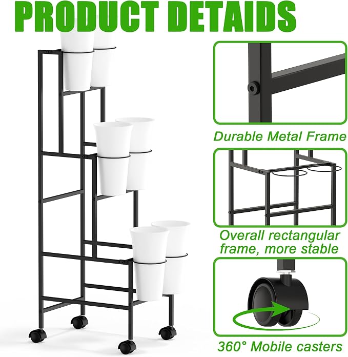 Flower Display Stand with 6 Buckets, Flower Cart with Wheels, 3 Layers Metal Flower Bar Stand Moving Flower Stand Florist Bouquet Shelf for Weddings Party Ceremony Indoor Outdoor Garden (Black)