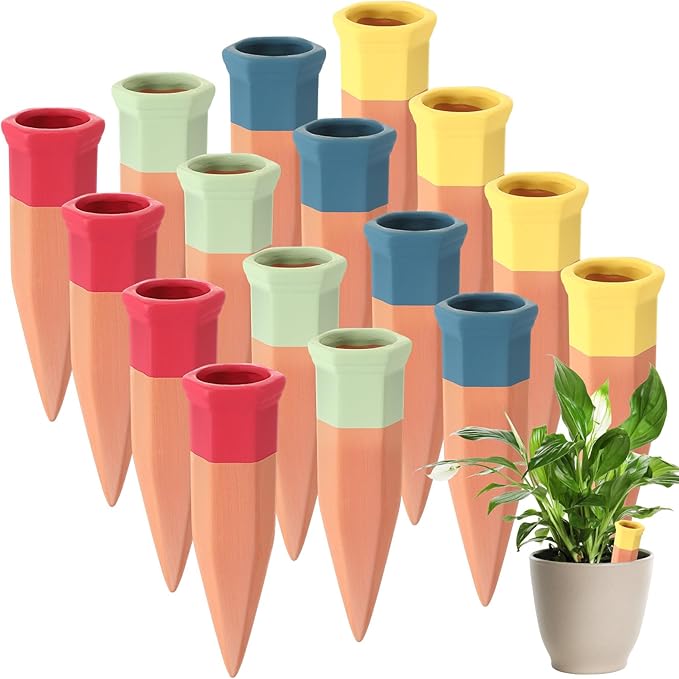 Baderke 16 Pcs Terracotta Watering Spikes Colorful Automatic Self Watering Stakes Slow Release Vacation Plant Waterer Devices for Indoor Outdoor Plants