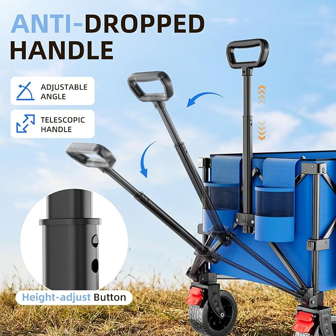 220L Collapsible Wagon Cart, 39" L Extended Frame and 440Lbs Heavy Duty, Lightweight 15lbs Folding Garden Cart with Silent All-Terrain Wheels for Beach, Camping Grass and Grocery, Blue