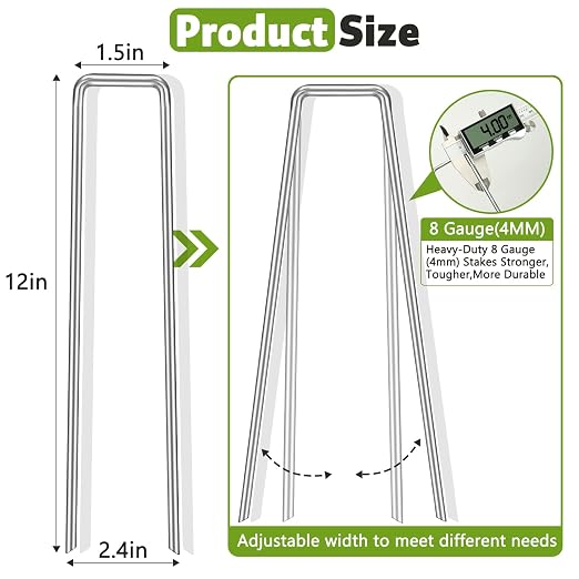 Heavy Duty 12 Inch Galvanized Landscape Staples Stakes, DUNPUTE 100 Pack 8 Gauge Garden Metal Stakes, Ideal for Weed Barrier Stakes, Drip Irrigation Tubing, Landscape Fabric, Lawn and Ground Securing