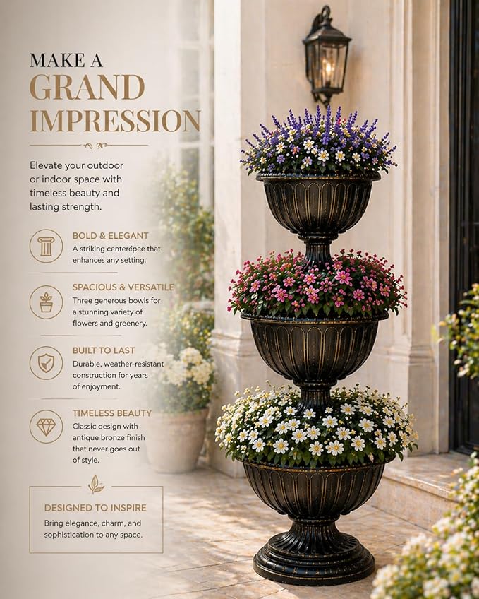 Gardenised Outdoor Garden Triple Stacked Flower Bowl Urn Tier Planter Decoration, Bronze